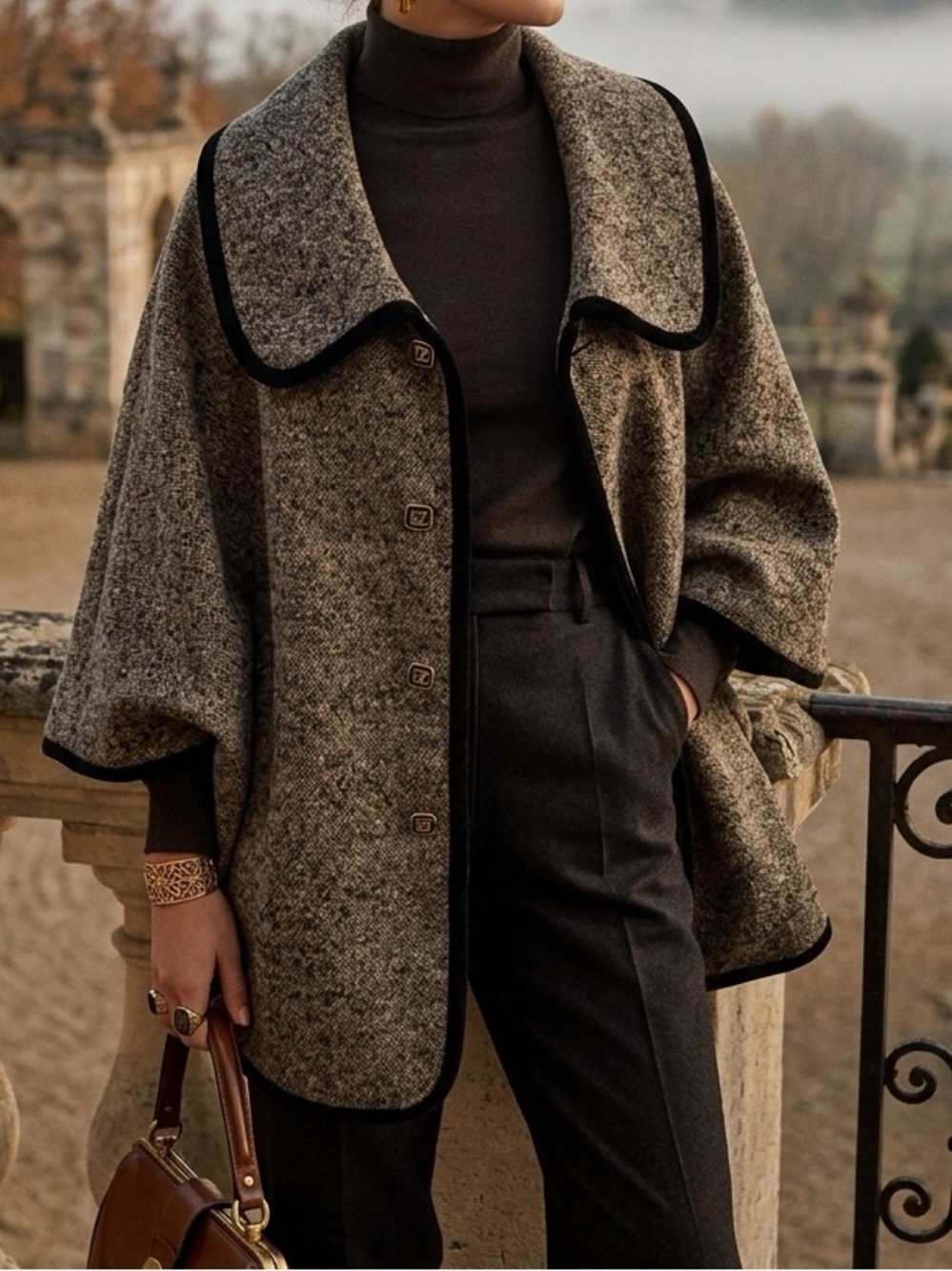 Vintage Tweed Cape / Poncho with Black Trim and buttons